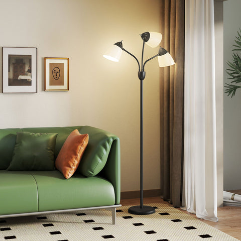Black metal floor lamp with three curved arms and white frosted glass shades featuring 3000k 4500k 6500k color temps