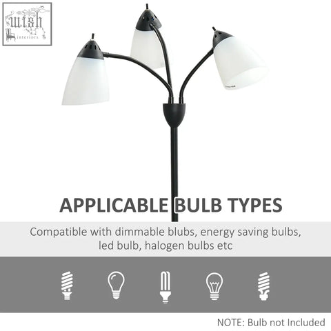 Black homcom arc tree floor lamp with steel frame, round base, and three flexible gooseneck lights for living room