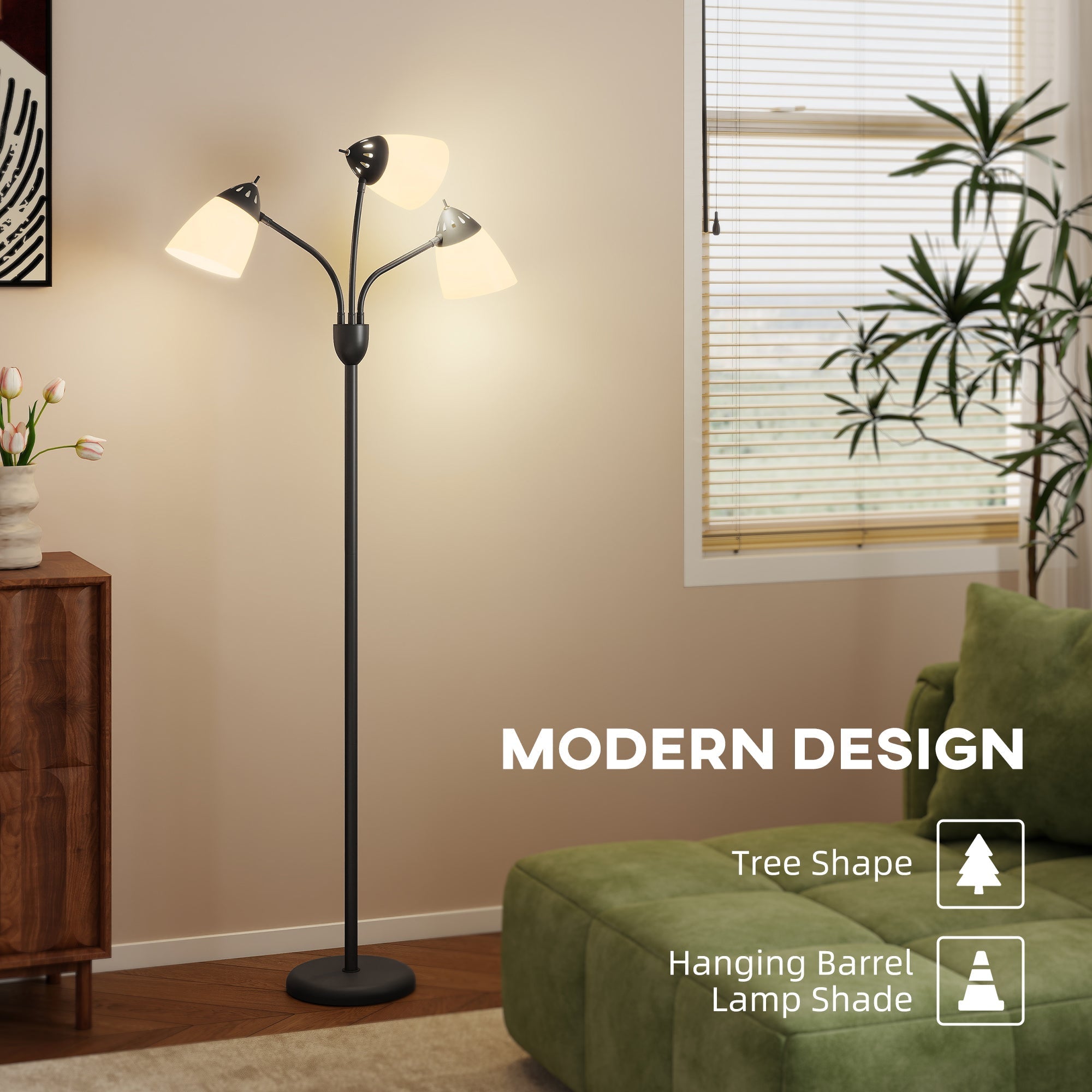 Black metal floor lamp with three hanging barrel-shaped shades and adjustable 3000k 4500k 6500k steel frame for living room
