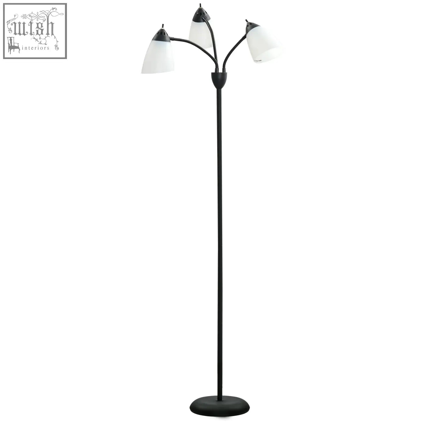 Black metal floor lamp with steel frame, round base, and three adjustable rotating frosted white glass shades for living room