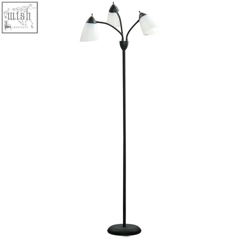 Black metal floor lamp with steel frame, round base, and three adjustable rotating frosted white glass shades for living room