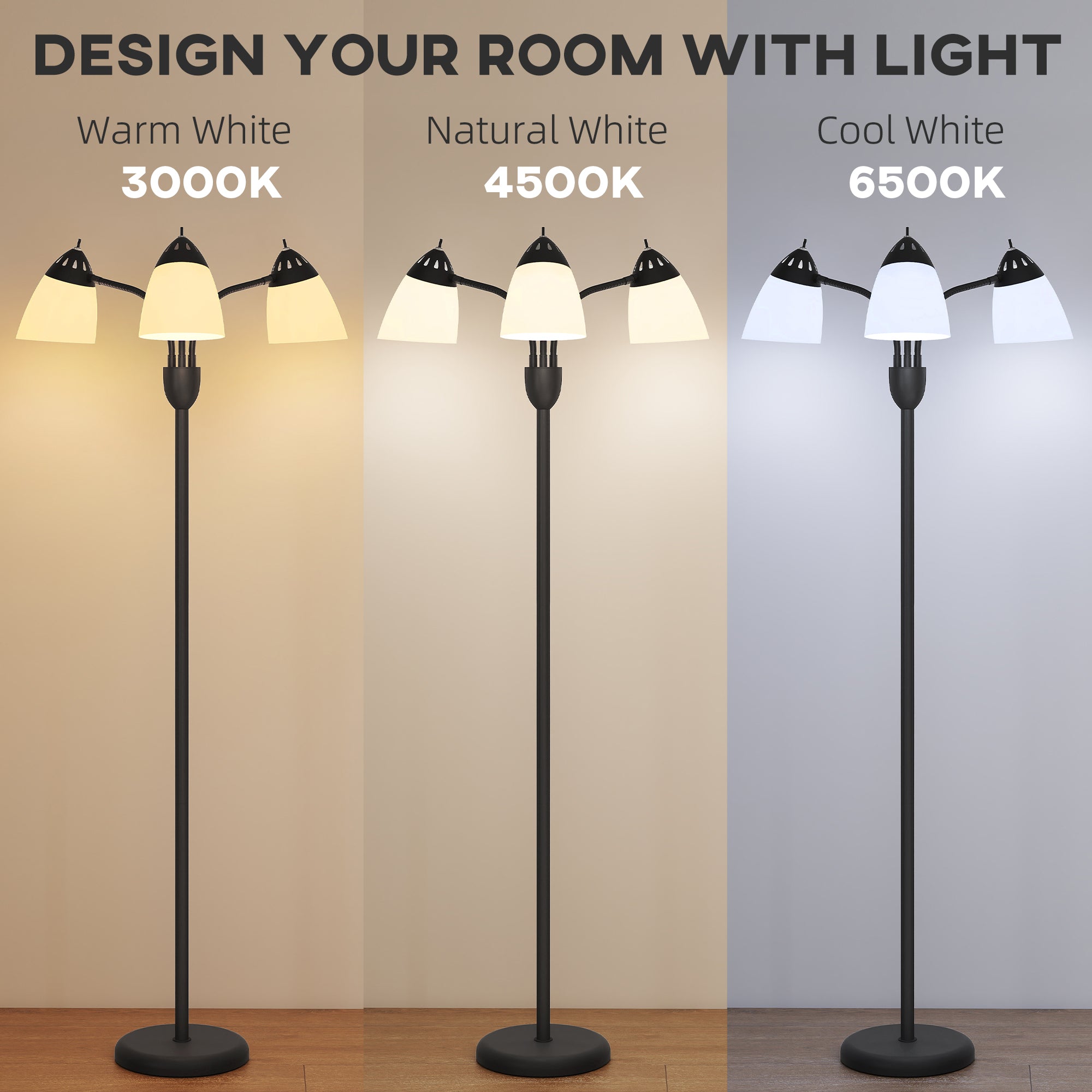Black HOMCOM floor lamp with frosted glass shades steel frame and adjustable 3000k 4500k 6500k color temperatures