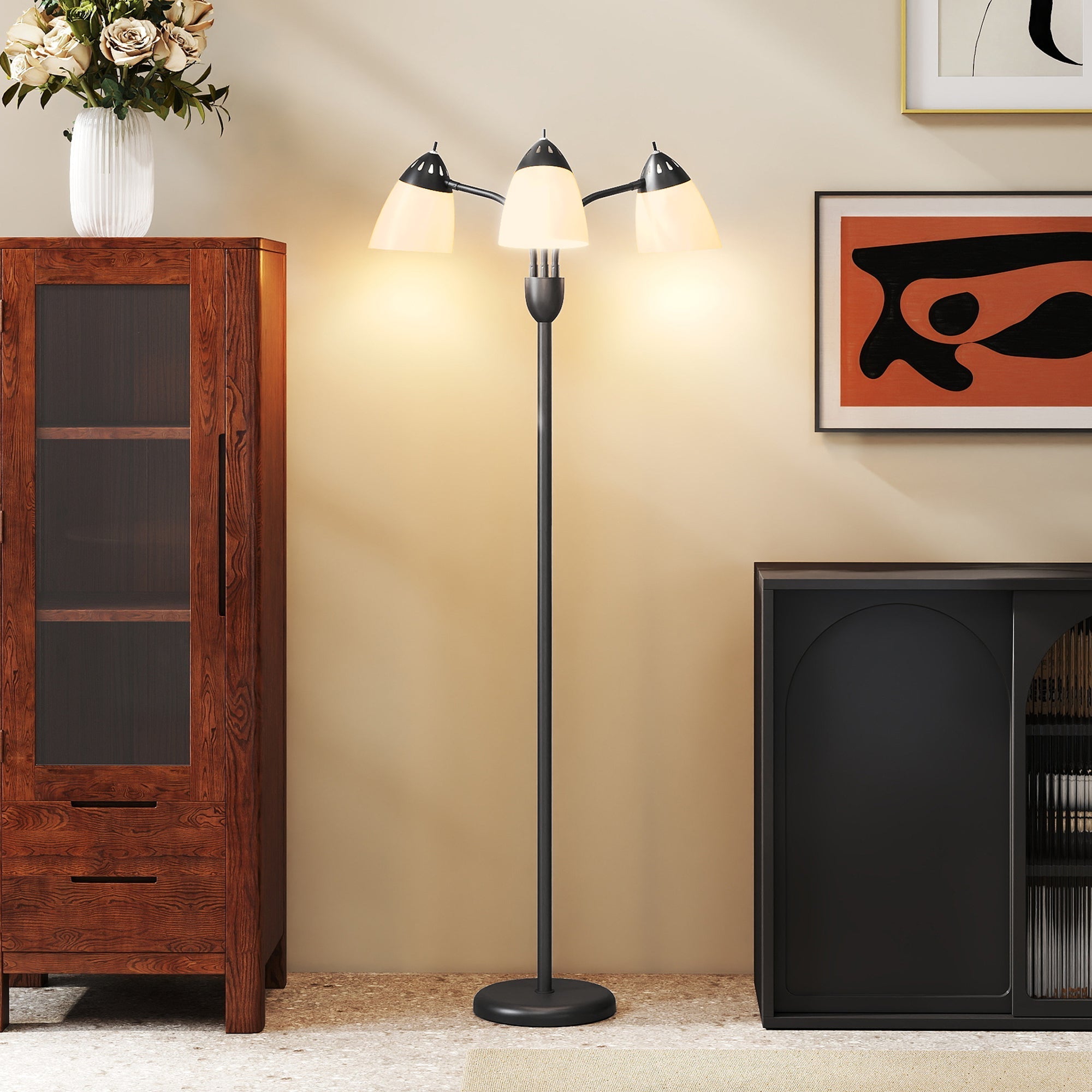 Black metal floor lamp with three adjustable white bell-shaped shades 3000k 4500k 6500k color temperature steel frame