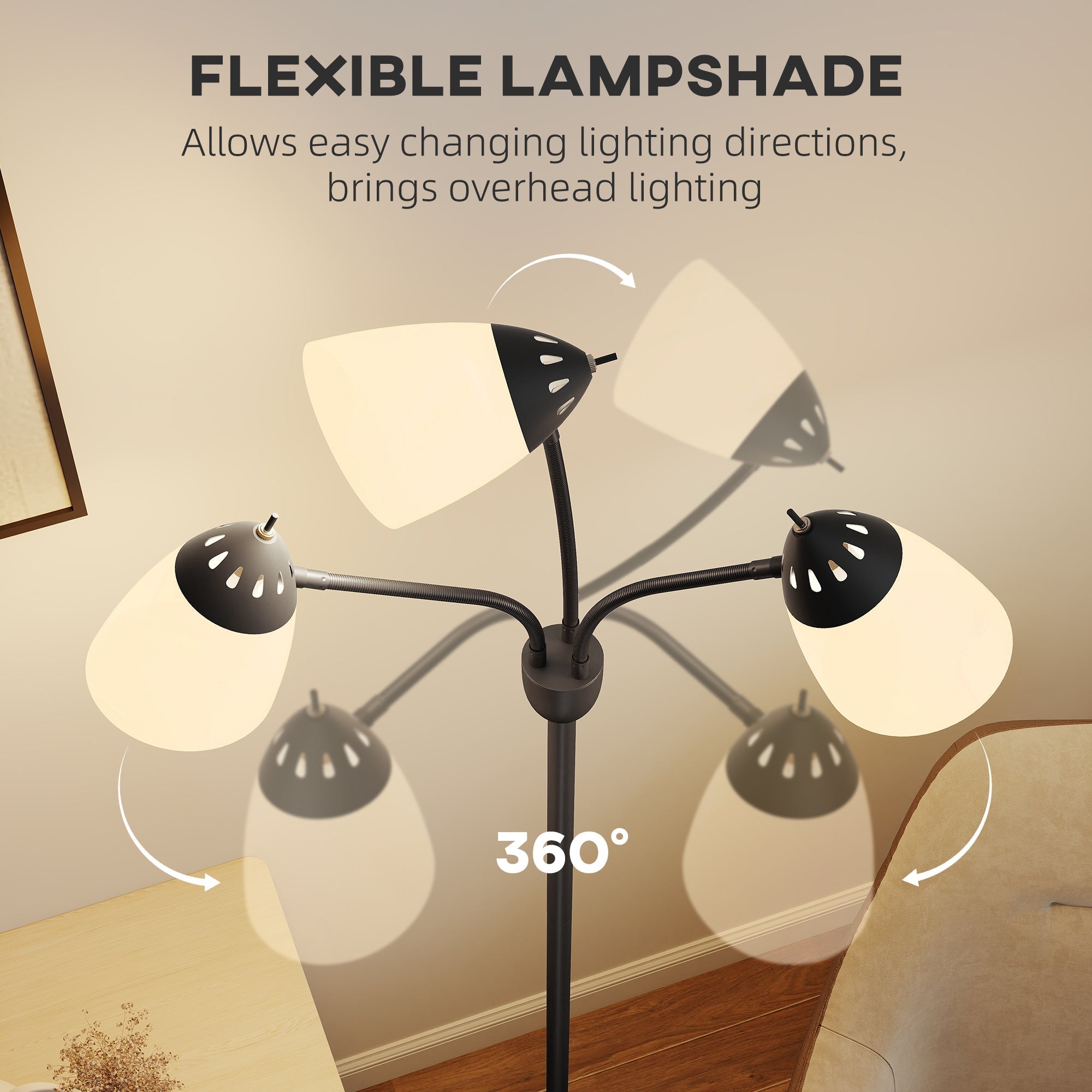 Black flexible lampshade floor lamp with adjustable arms frosted glass shades and 3000k 4500k 6500k color temps