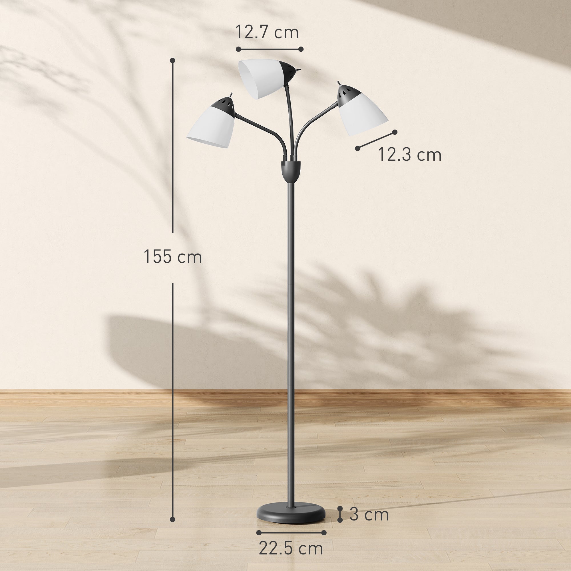 Black metal floor lamp with three adjustable white curved shades and 3000k 4500k 6500k color temperatures