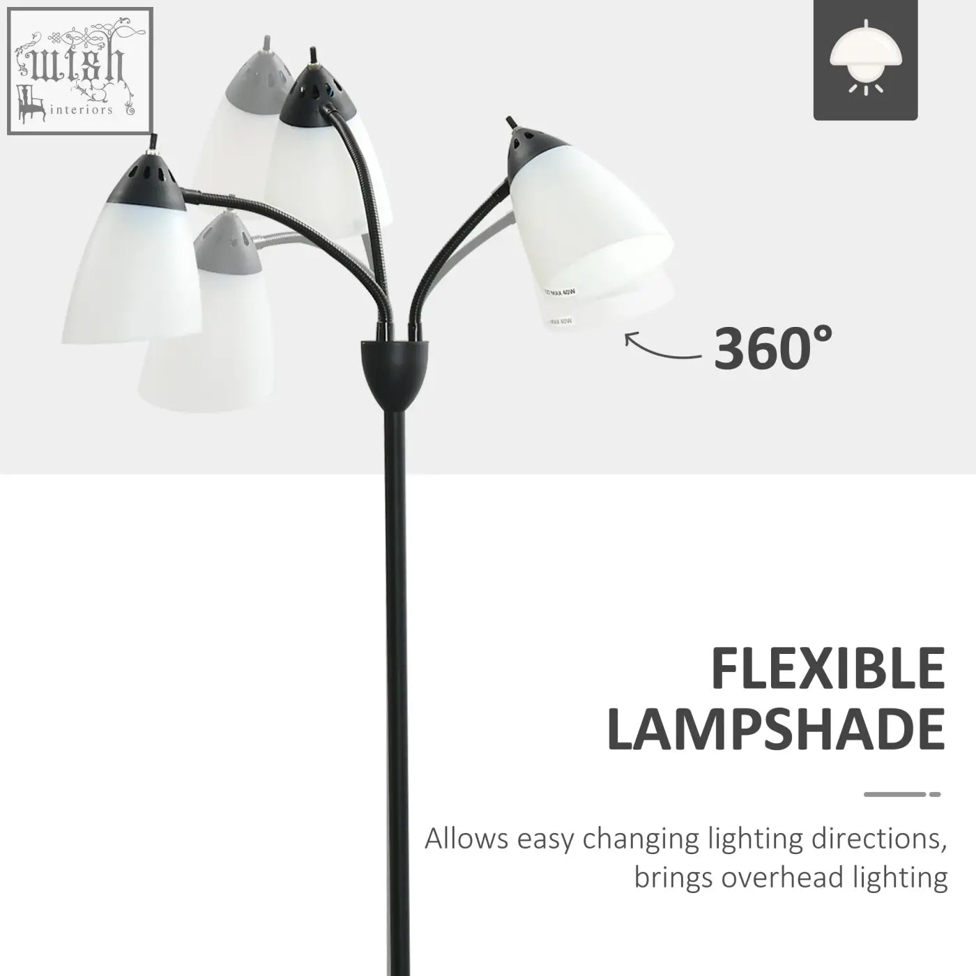 Black homcom arc tree floor lamp with five adjustable flexible arms steel frame and round base for living room