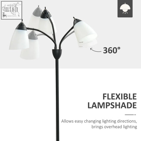 Black homcom arc tree floor lamp with five adjustable flexible arms steel frame and round base for living room