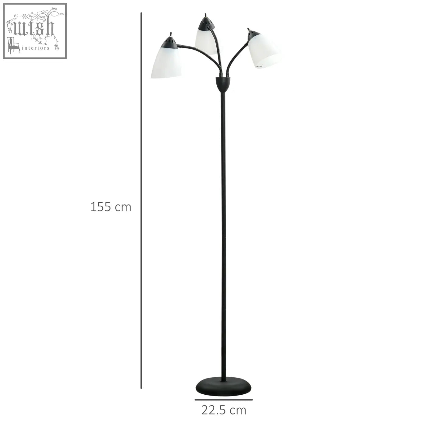 Black three-armed floor lamp with white frosted glass shades and steel frame on round base for living room use