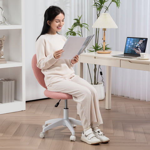 Pink homcom armless office chair with teddy fleece fabric, white casters, silver base, perfect for home study or vanity
