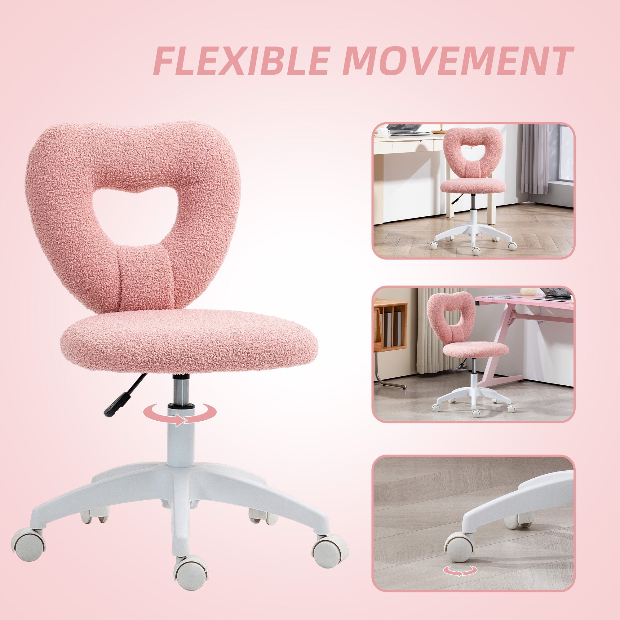 Pink homcom armless office chair with heart shape, plush teddy fleece fabric, white base, adjustable height and wheels