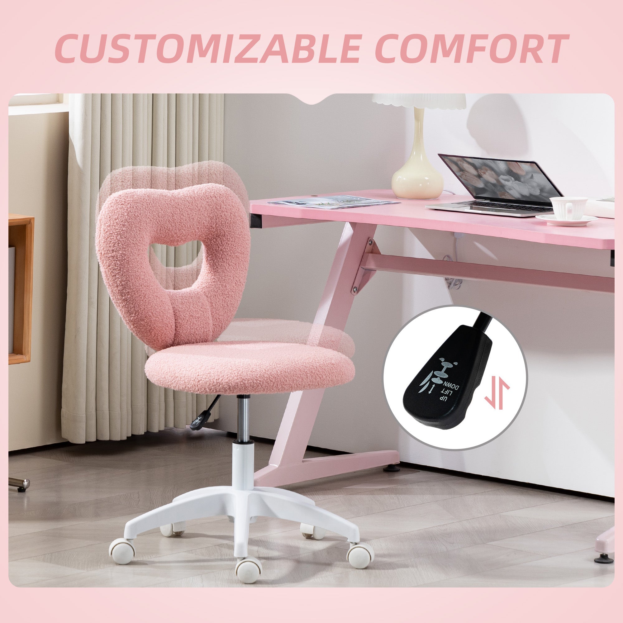 Pink homcom armless heart office chair with teddy fleece fabric swivel base wheels height adjustable for bedroom study