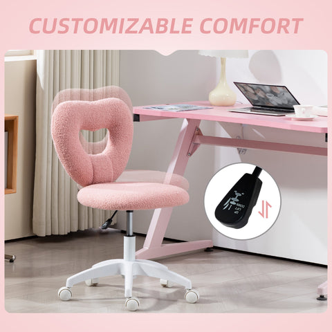 Pink homcom armless heart office chair with teddy fleece fabric swivel base wheels height adjustable for bedroom study