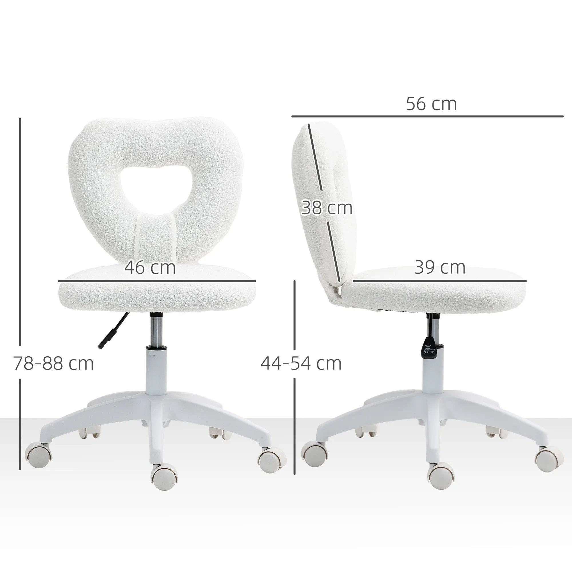 White plush heart-shaped office chair with cushioned seat and teddy fleece fabric on five-wheel base for home use