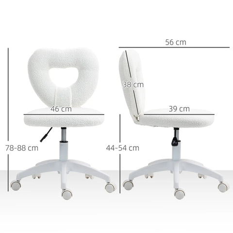 White plush heart-shaped office chair with cushioned seat and teddy fleece fabric on five-wheel base for home use