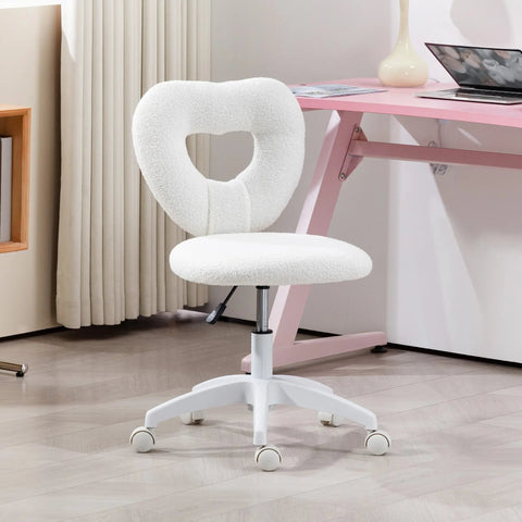 White fluffy heart-shaped office chair with cushioned teddy fleece fabric seat and five-wheel base by homcom