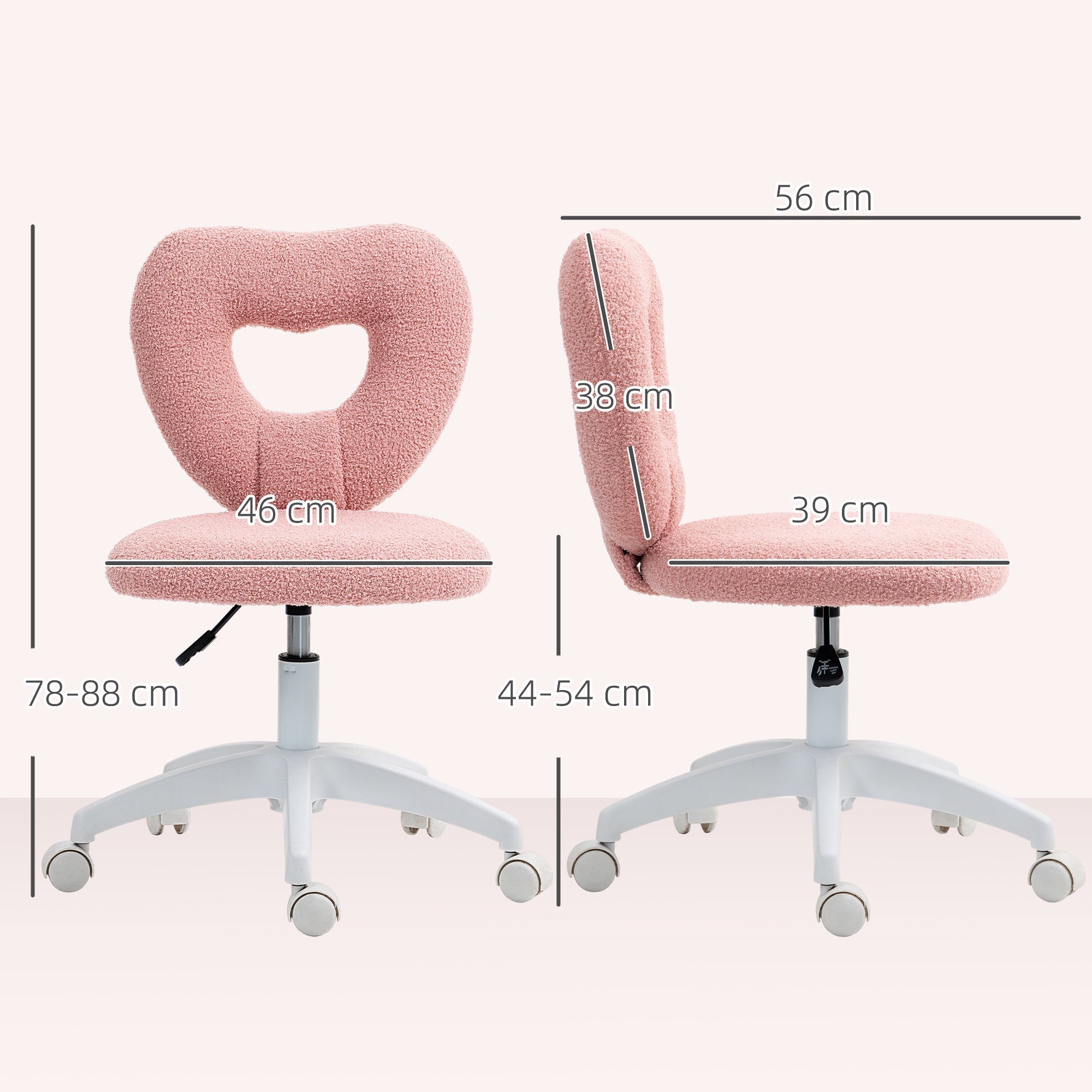 Pink armless heart office chair with teddy fleece fabric and white base with wheels for home study or vanity desk