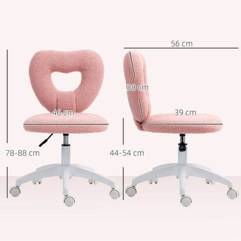 Pink armless heart office chair with teddy fleece fabric and white base with wheels for home study or vanity desk