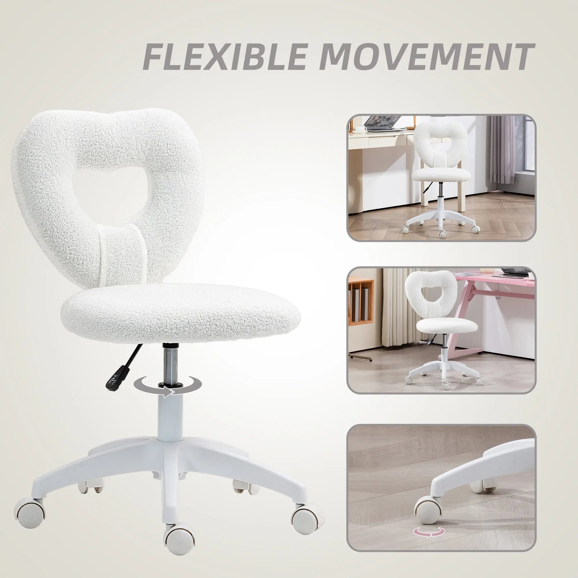 White heart-shaped office chair with teddy fleece fabric, swivel base, and wheels for home study or bedroom use