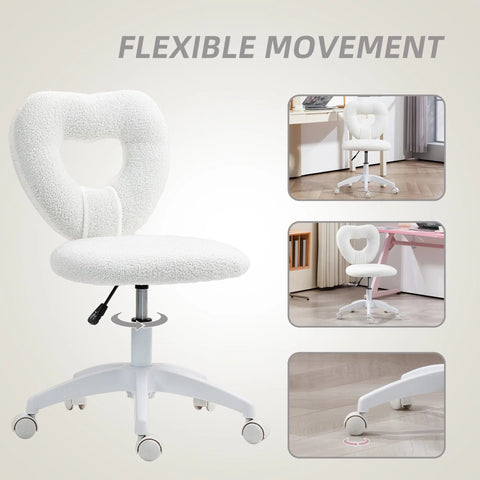 White heart-shaped office chair with teddy fleece fabric, swivel base, and wheels for home study or bedroom use