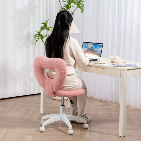 Pink teddy fleece fabric armless heart office chair with white base and wheels for home study or bedroom use