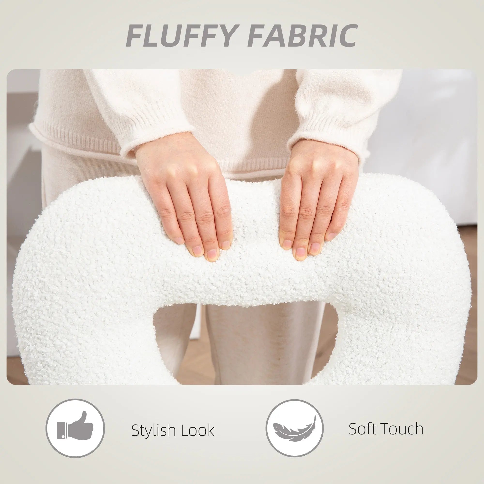 White fluffy teddy fleece fabric cushion with plush texture and central cutout for homcom armless office chair
