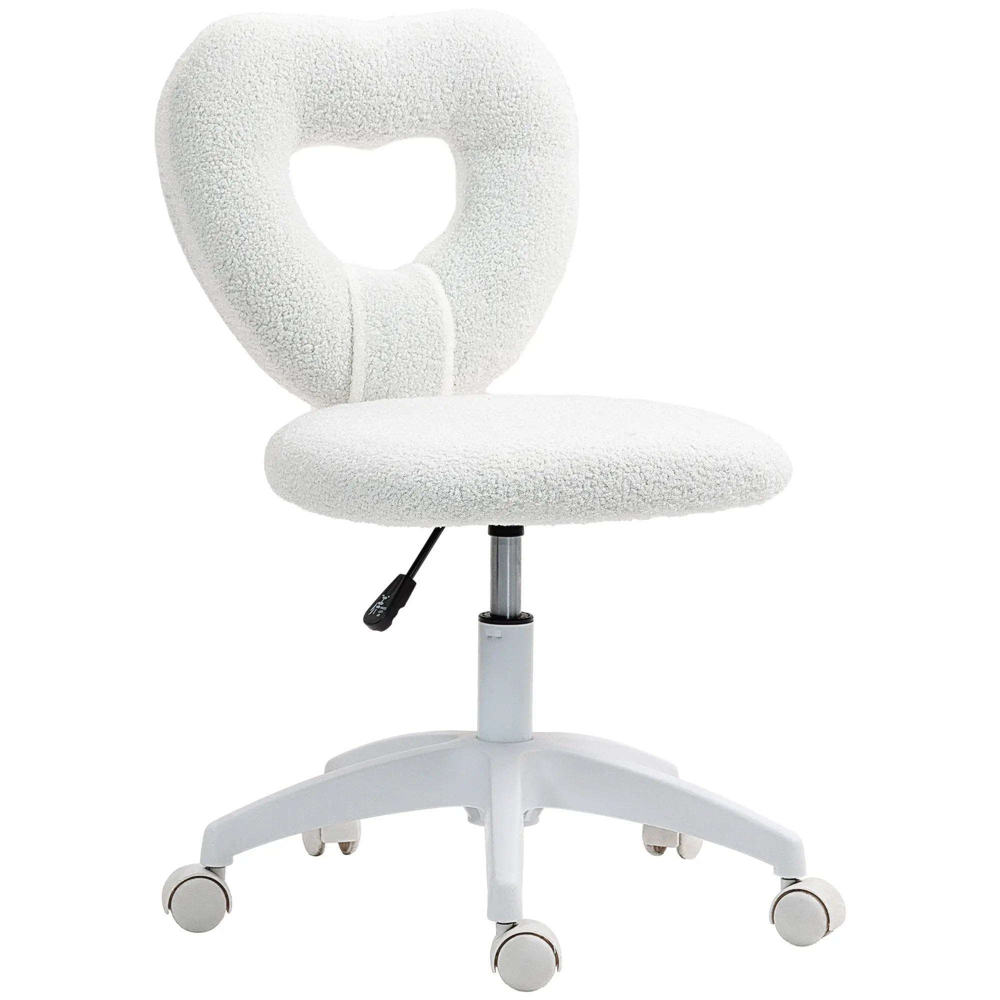 White fluffy heart-shaped office chair with teddy fleece fabric cushioned seat and five-wheeled base for home study
