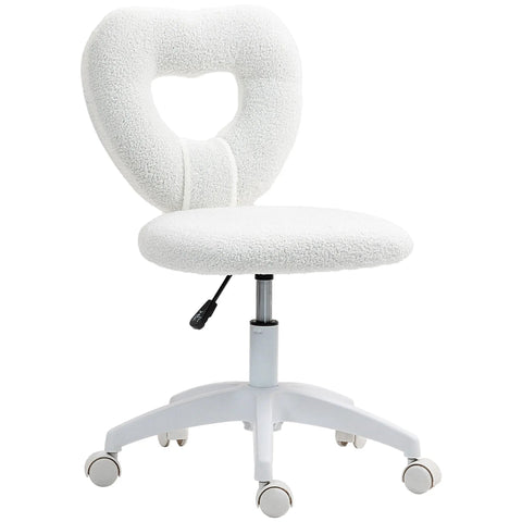 White fluffy heart-shaped office chair with teddy fleece fabric cushioned seat and five-wheeled base for home study