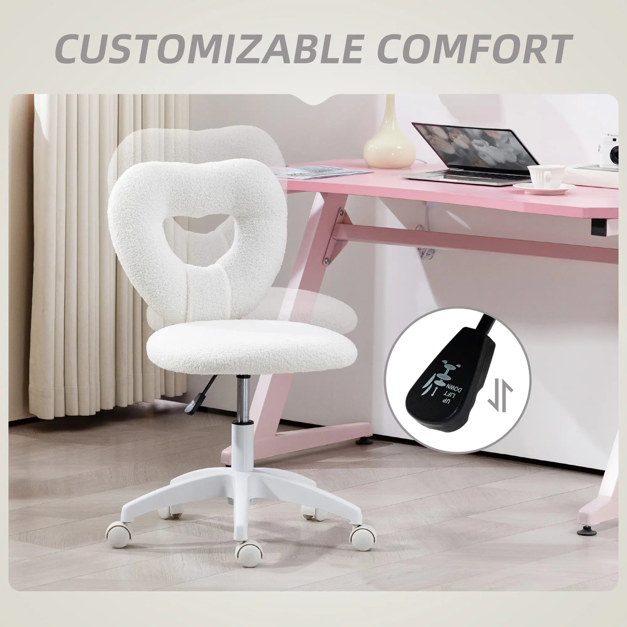 White homcom armless heart office chair with cushioned teddy fleece fabric seat and five-wheel swivel base
