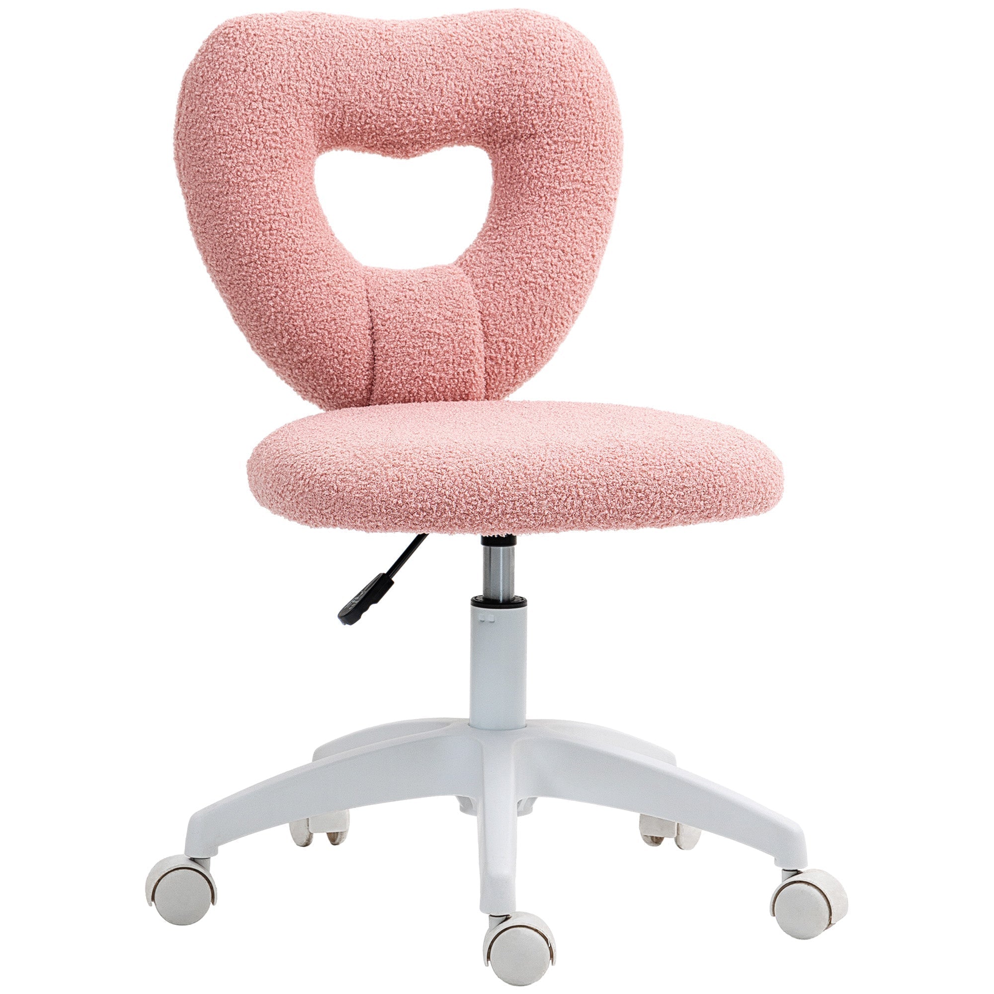 Pink HOMCOM armless office chair with teddy fleece fabric, heart shape, swivel base, height adjustable with wheels