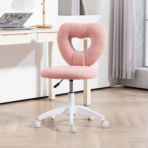 Pink HOMCOM armless heart office chair with plush teddy fleece fabric and white swivel base for home study use