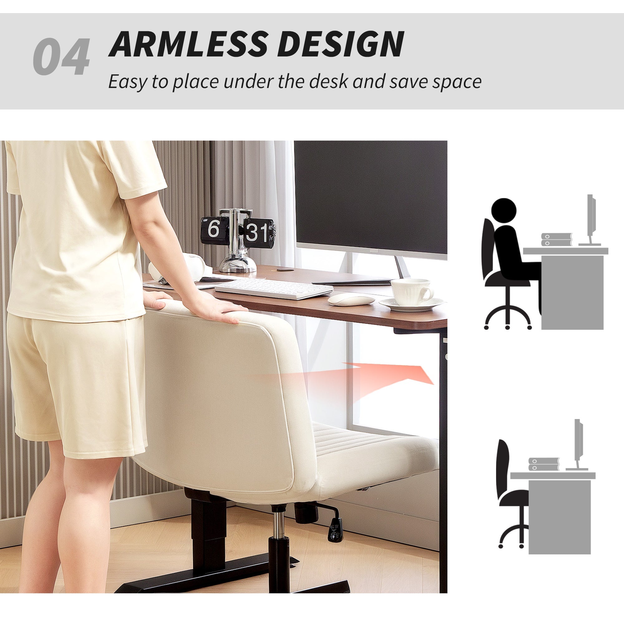 Cream-colored armless office chair with breathable linen-feel fabric and black metal base for home office use