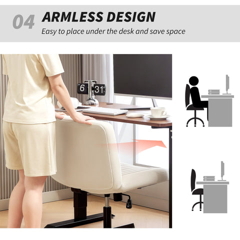 Cream-colored armless office chair with breathable linen-feel fabric and black metal base for home office use