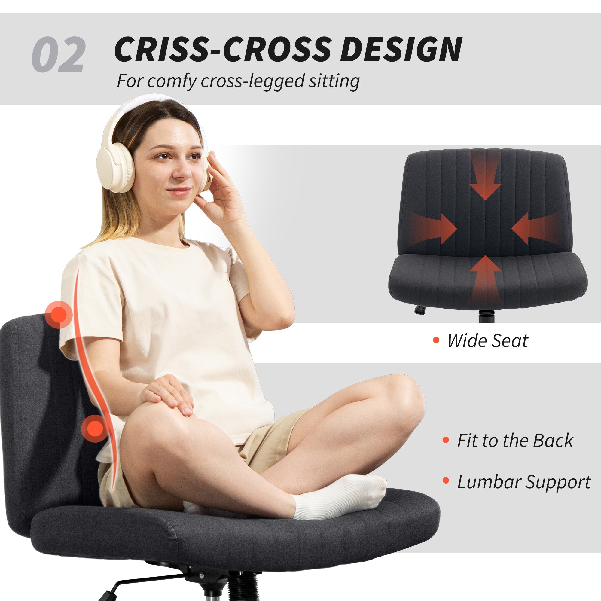 Black upholstered office chair with breathable linen-feel fabric and criss cross lumbar support for home office use