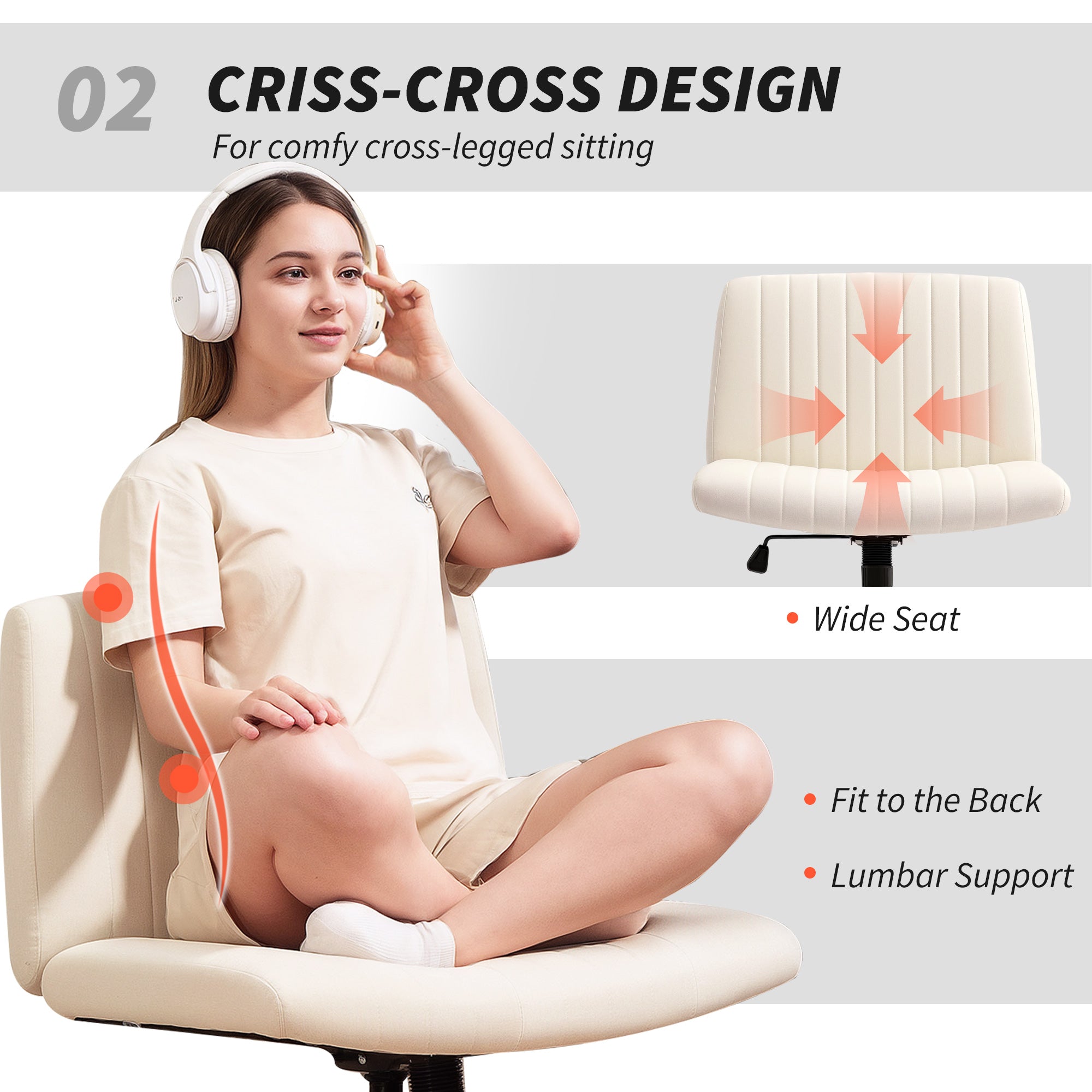 Cream office chair with breathable linen-feel fabric and criss-cross design for home office comfort and lumbar support