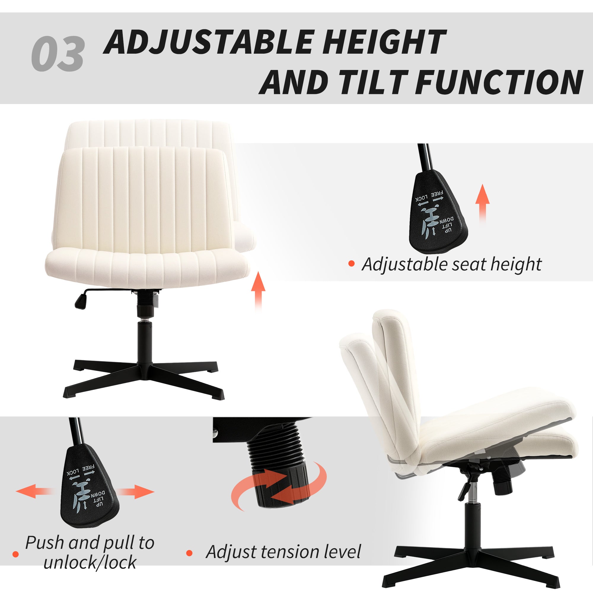 Cream-colored home office chair with breathable linen-feel fabric, tufted seat, adjustable height, and black metal legs