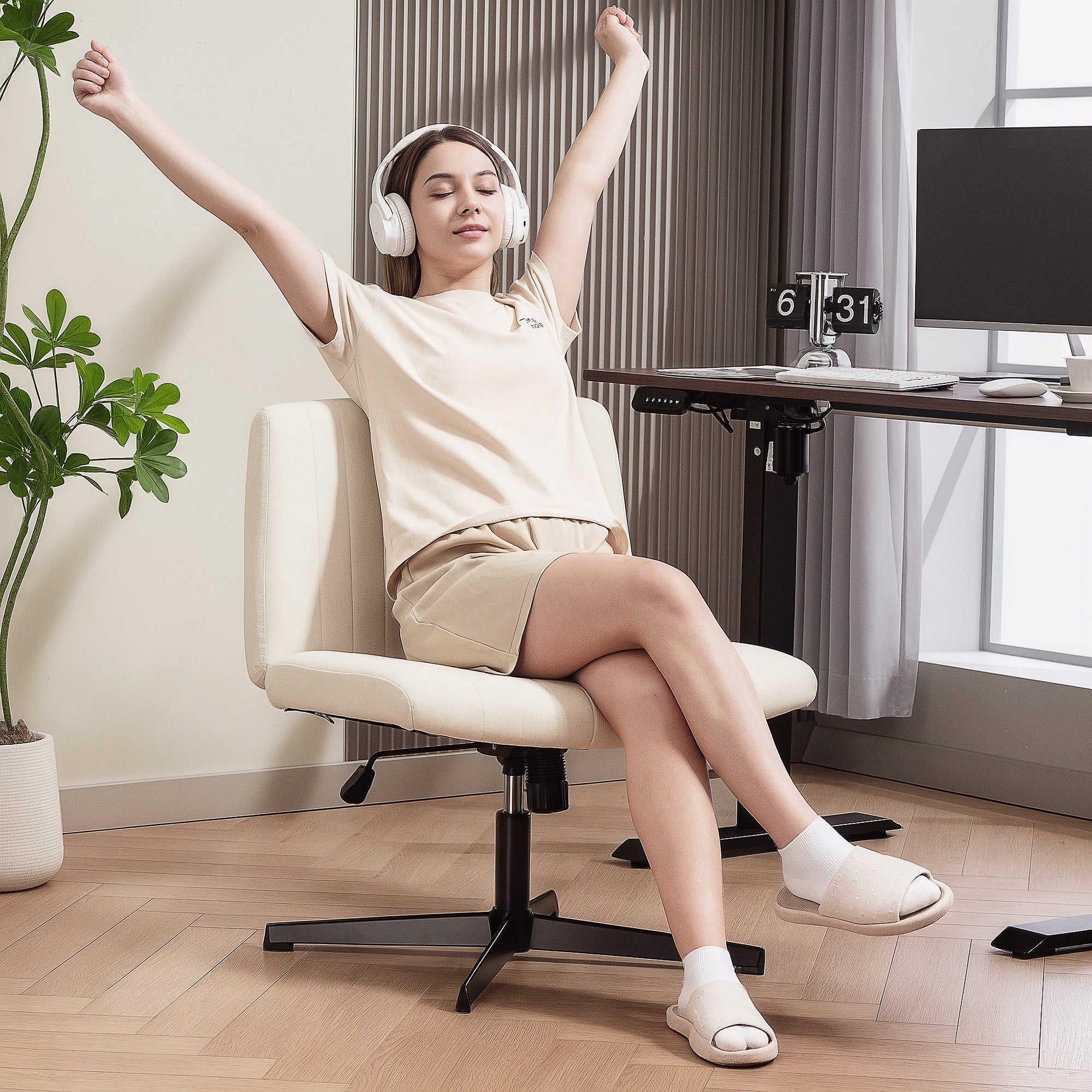 Cream office chair with black metal five-star base breathable linen-feel fabric perfect for home office use