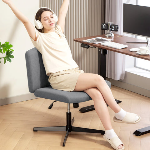 Gray breathable linen-feel fabric home office chair with black metal五星脚 base and thick padding no wheels