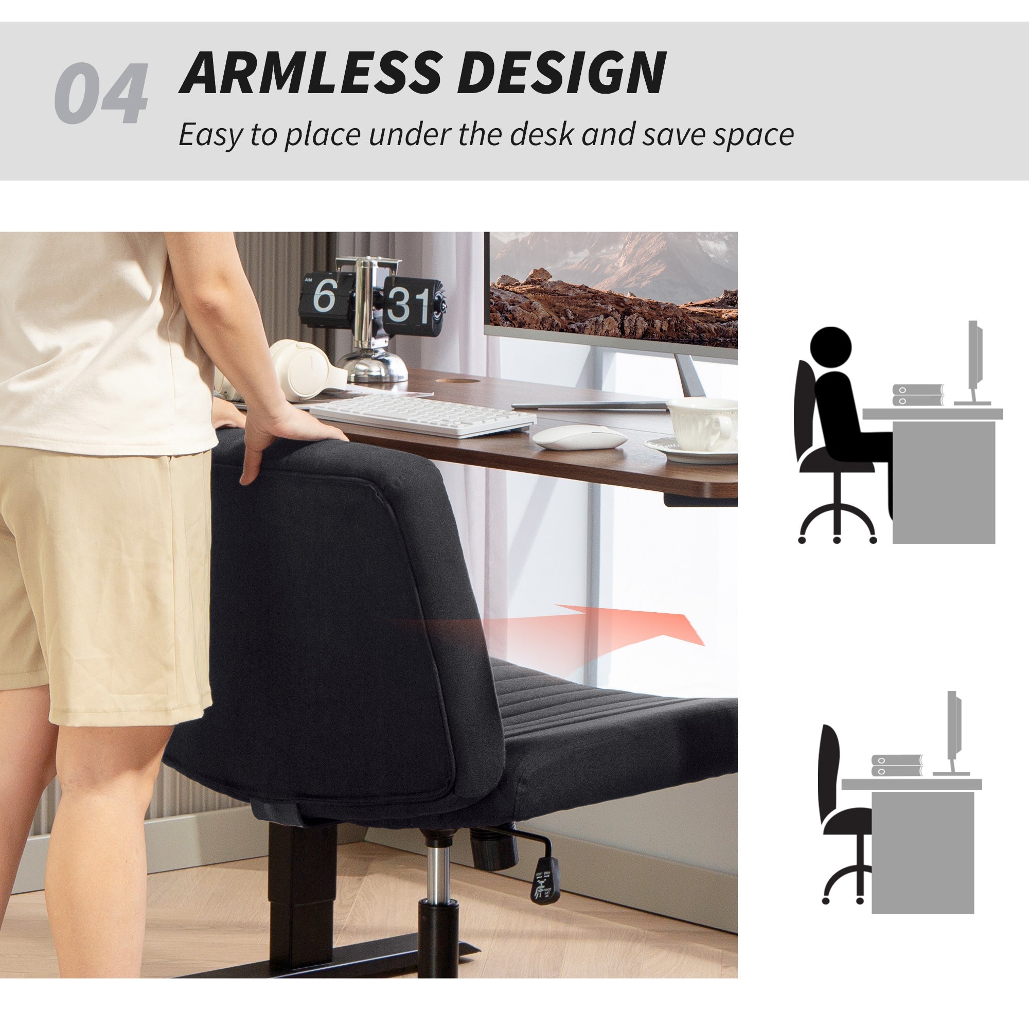 Black armless office chair with padded seat and breathable linen feeling fabric perfect for home office use
