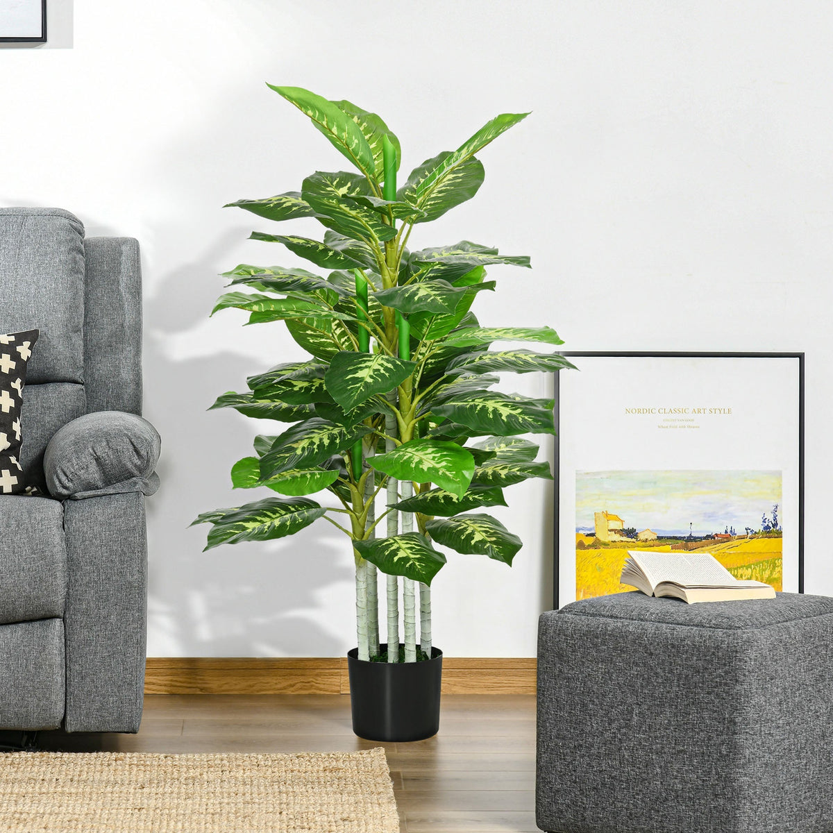 HOMCOM artificial evergreen tree with glossy green leaves and white veining in a sleek black pot for indoor outdoor decor