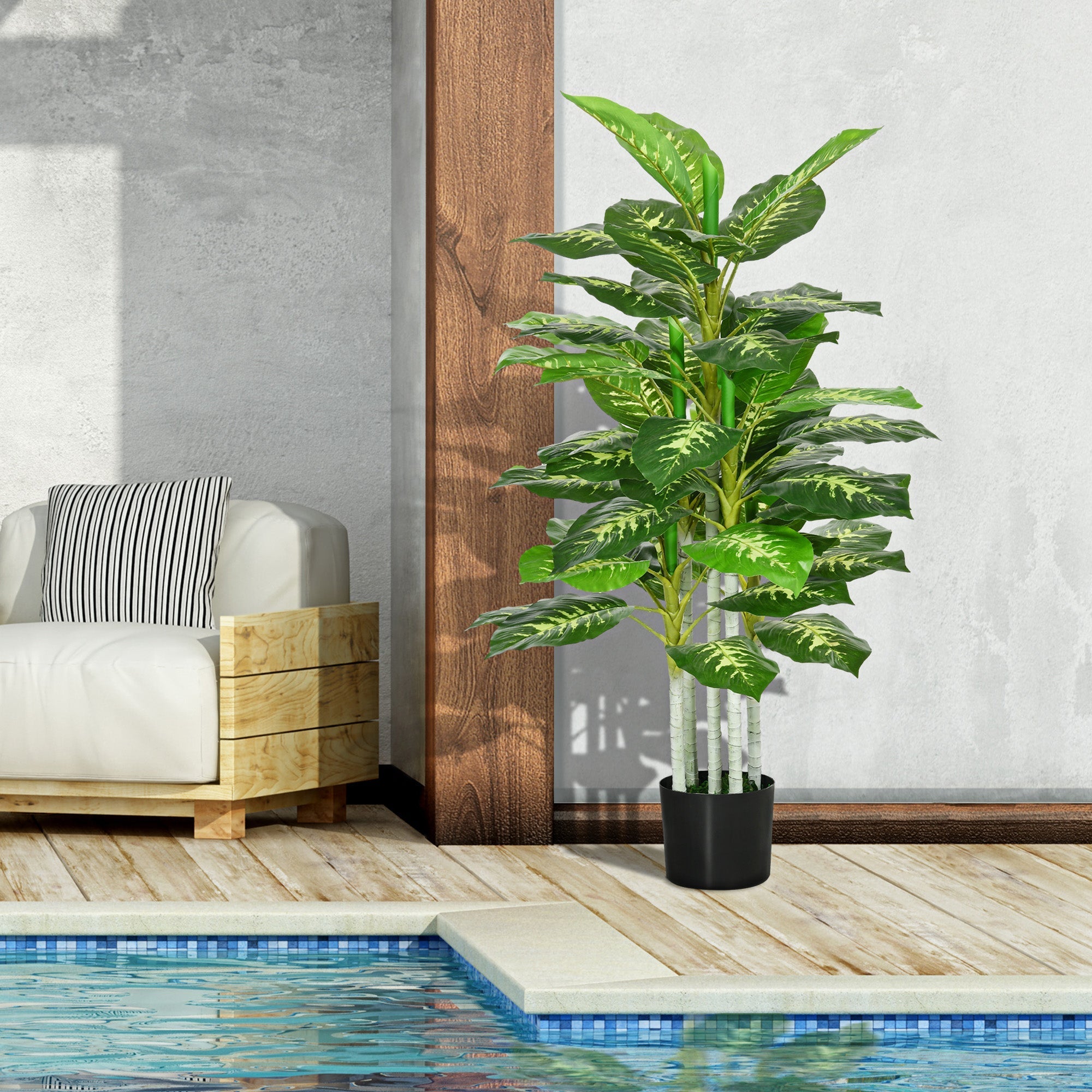 Homcom artificial evergreen tree with glossy green and white variegated leaves in a sleek black nursery pot 120cm