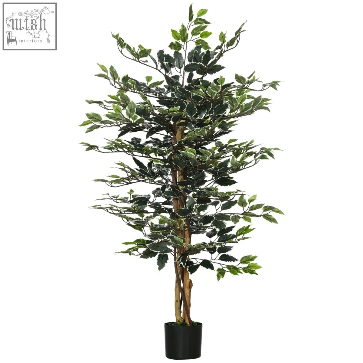 HOMCOM artificial ficus tree with variegated green leaves in black plant pot perfect for year round indoor outdoor use