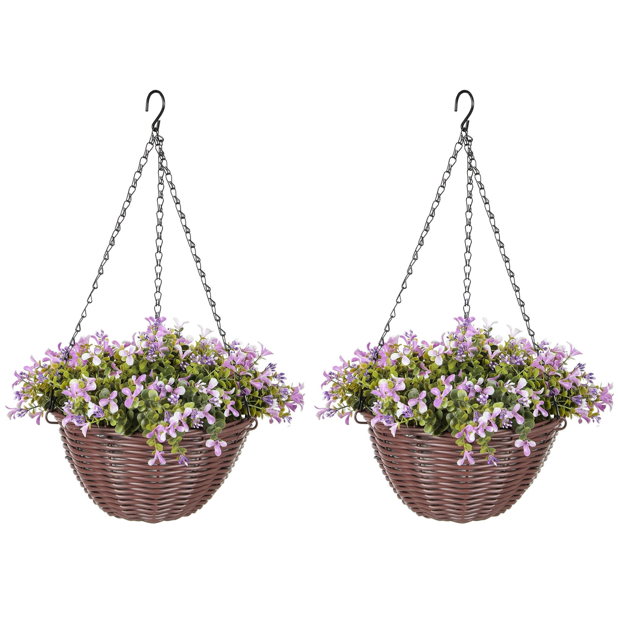 Brown woven homcom artificial hanging basket with purple and white artificial flowers for home decor