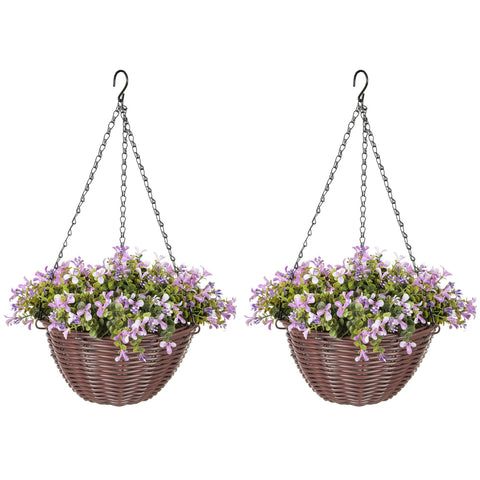 Brown woven homcom artificial hanging basket with purple and white artificial flowers for home decor