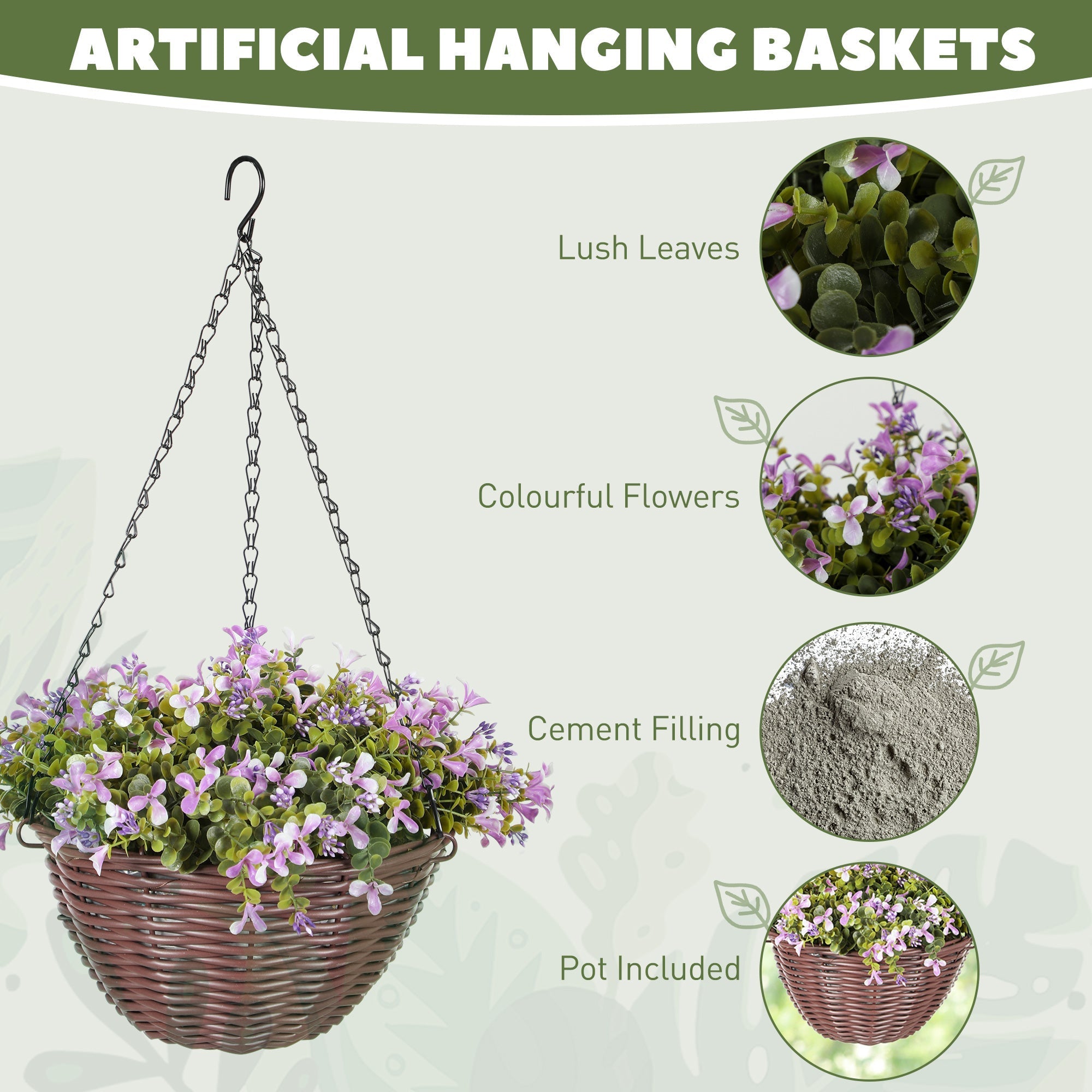 Brown woven hanging basket with artificial purple flowers and green leaves by homcom artificial for indoor decor