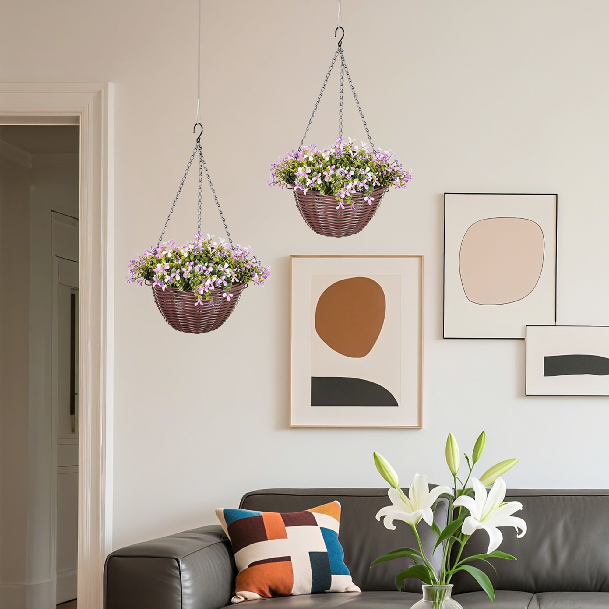 Brown woven homcom artificial hanging baskets with purple and white artificial flowers for home decor
