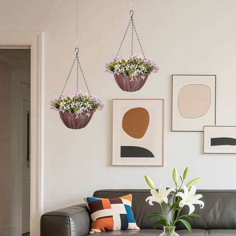 Brown woven homcom artificial hanging baskets with purple and white artificial flowers for home decor