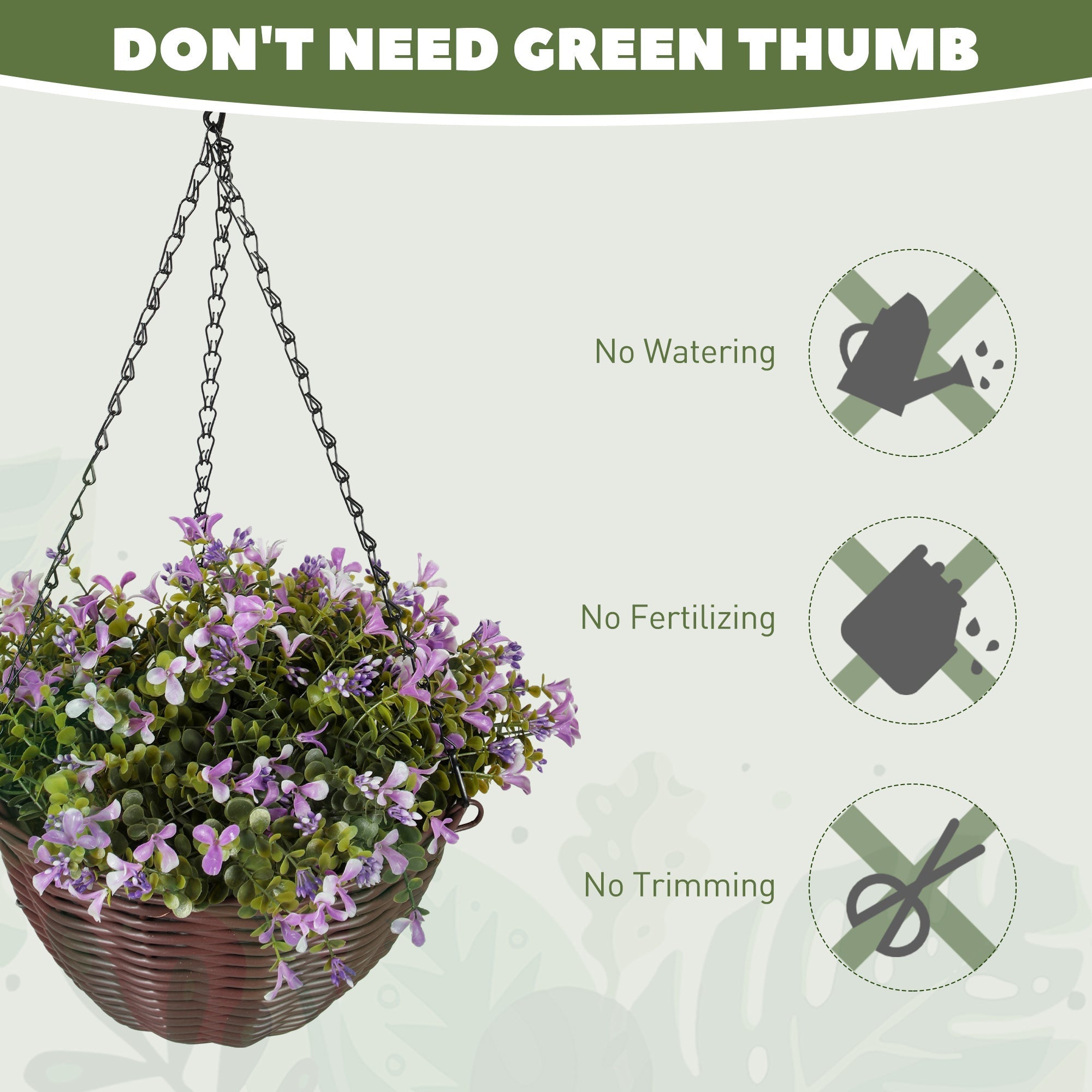 Brown woven artificial hanging basket with homcom artificial purple and white flowers for home decor