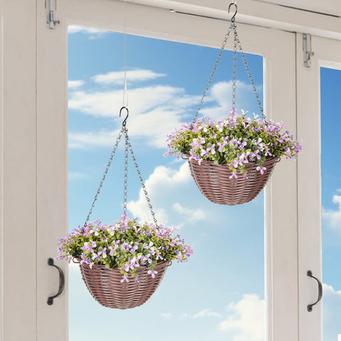 Brown woven homcom artificial hanging baskets with purple and white artificial flowers for home decor