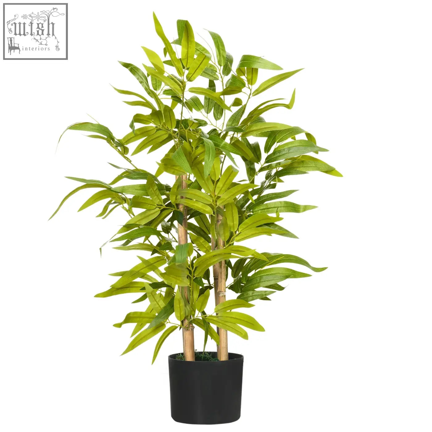 Lush green faux bamboo plant with slender brown stalks in black pot for home indoor outdoor decor
