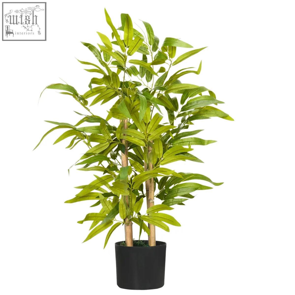 Lush green faux bamboo plant with slender brown stalks in black pot for home indoor outdoor decor
